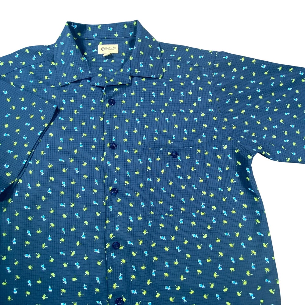 Haggar Shirt Men Medium Blue Hula Girl Palm Tree All Over Print Short Sleeve